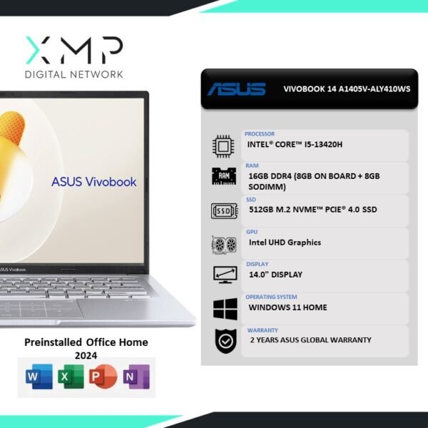 Asus VivoBook 14 A1405V-ALY410WS 14'' WUXGA Laptop Cool Silver(i5-13420H, 16GB DDR4, 512GB SSD, Intel, W11, HS+M365, 2 YEARS WARRANTY)