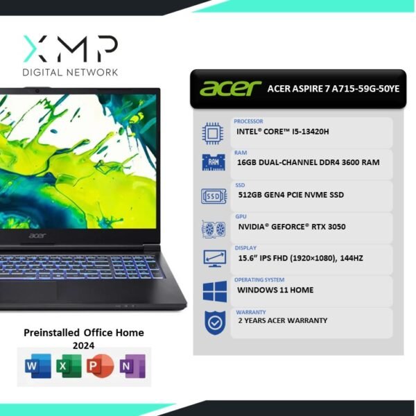 Acer Aspire 7 A715-59G-50YE 15.6” FHD 144Hz Gaming Laptop Black (I5-13420H, 16GB DDR4, 512GB SSD, RTX3050 6GB, W11, HS+M365, 2 Years Warranty)