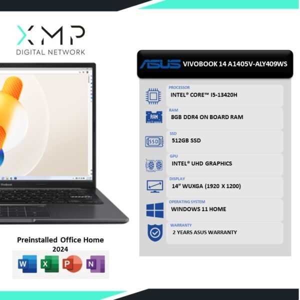Asus Vivobook 14 A1405V-ALY409WS 14″ FHD Laptop Mixed Black(I5-13420H, 8GB DDR4, 512GB SSD, UHD, W11, HS+M365, 2 Years Warranty)